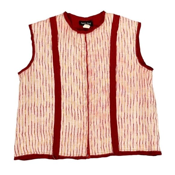 SOPHIE FINZI Tops - Vtg SOPHIE FINZI NY Women Washed Linen Top Sz L Red Stripe Sleeveless Snap Front